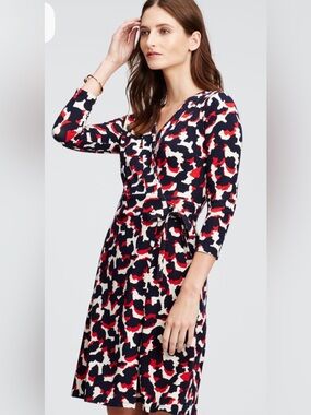 Ann Taylor Abstract Red White Navy Blue V-Neck Midi Wrap Dress Size 8.